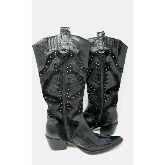 Matisse Vintage Black Studded Suede Leather and Snakeskin Western Boots Size 6.5 - Picture 5 of 9